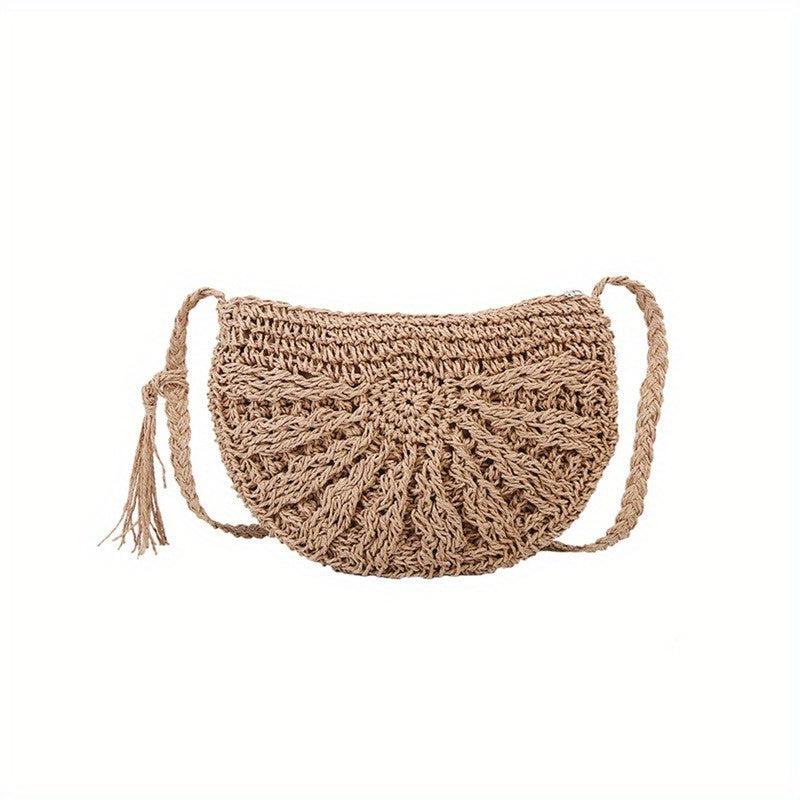 Boho Style Round Tassel Woven Straw Bag Crossbody Beach Bag