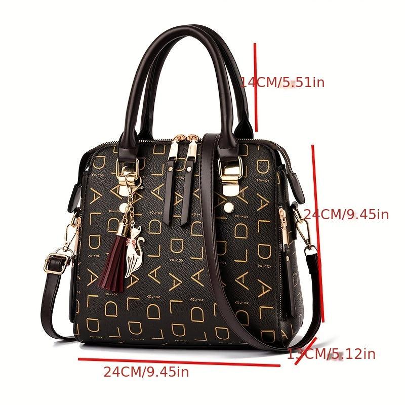 Pattern Tassel Cat Pendant Shoulder Bag Top Handle Crossbody Bag