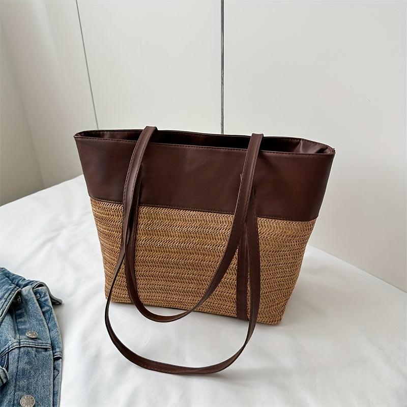 Bohemian Straw Tote Bag for Women, Large Shoulder Handbag for Vacation Beach