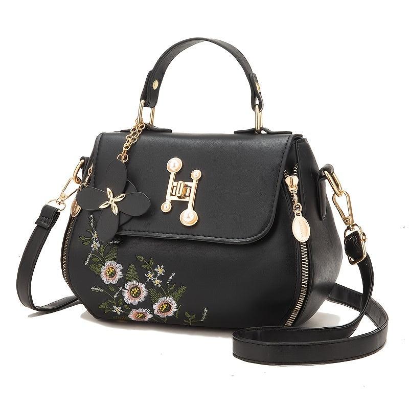 Floral Embroidery Crossbody Bag Women's Top Handle Flap Purse