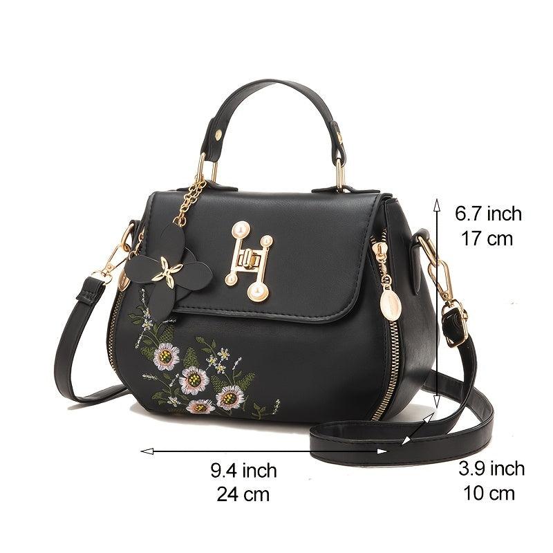Floral Embroidery Crossbody Bag Women's Top Handle Flap Purse