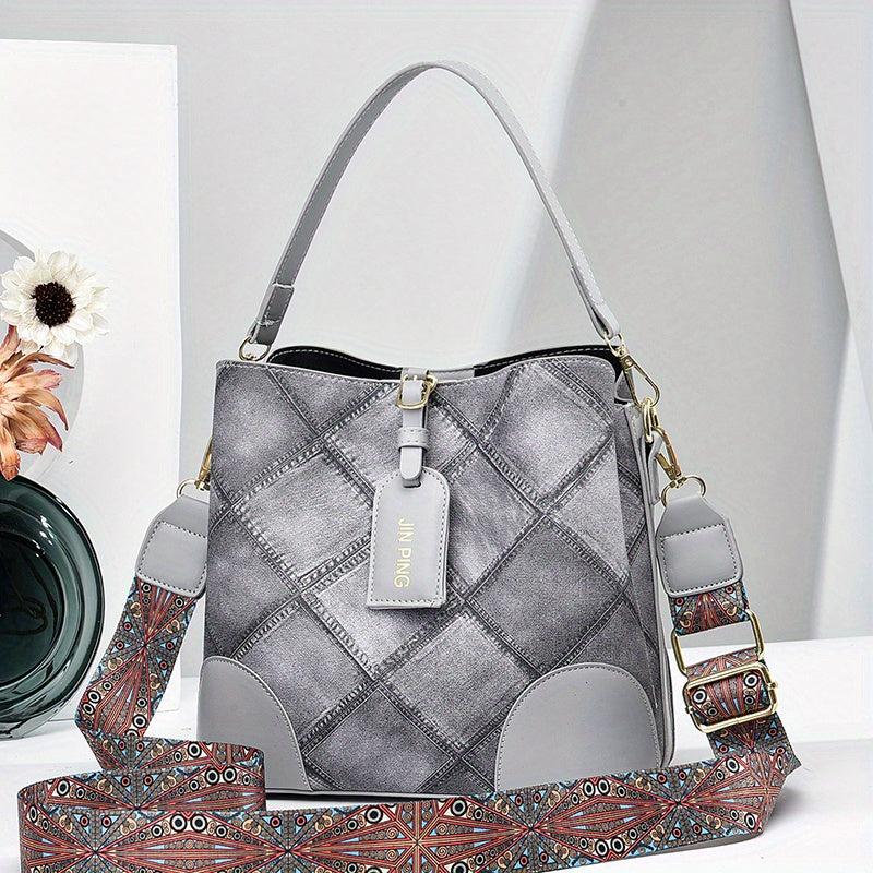 Vintage Plaid Pattern Storage Bucket Bag Classic Shoulder Bag