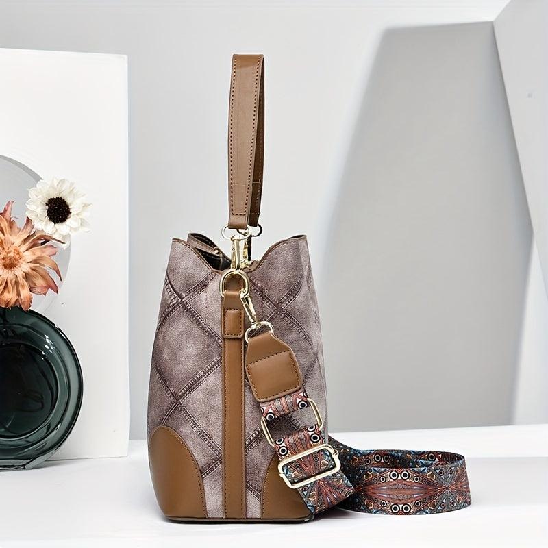 Vintage Plaid Pattern Storage Bucket Bag Classic Shoulder Bag