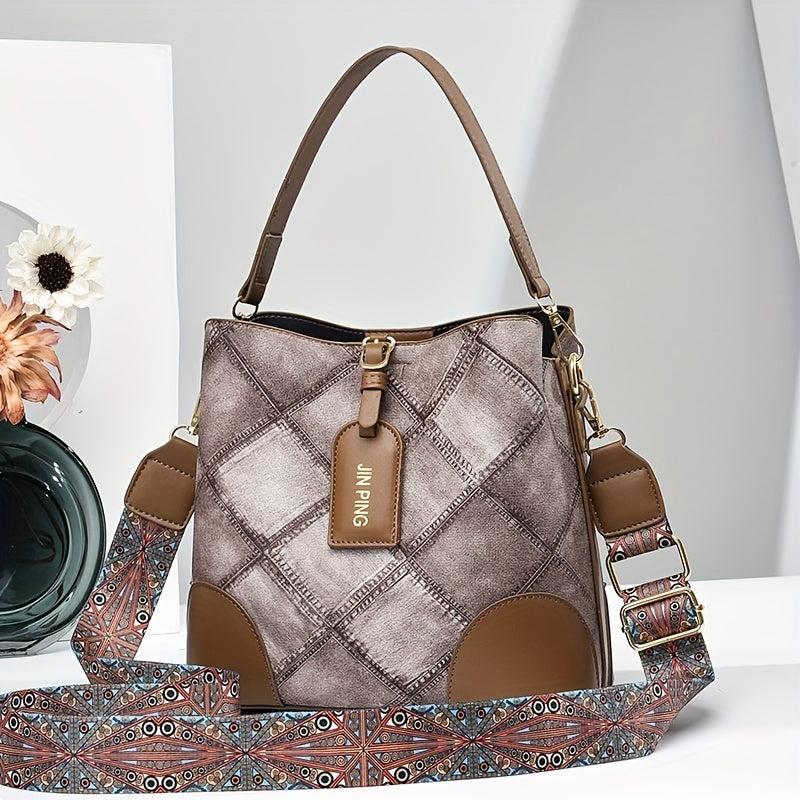 Vintage Plaid Pattern Storage Bucket Bag Classic Shoulder Bag