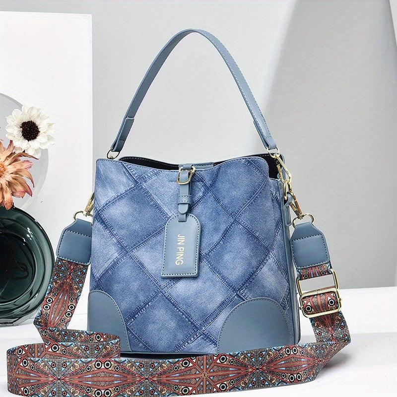Vintage Plaid Pattern Storage Bucket Bag Classic Shoulder Bag