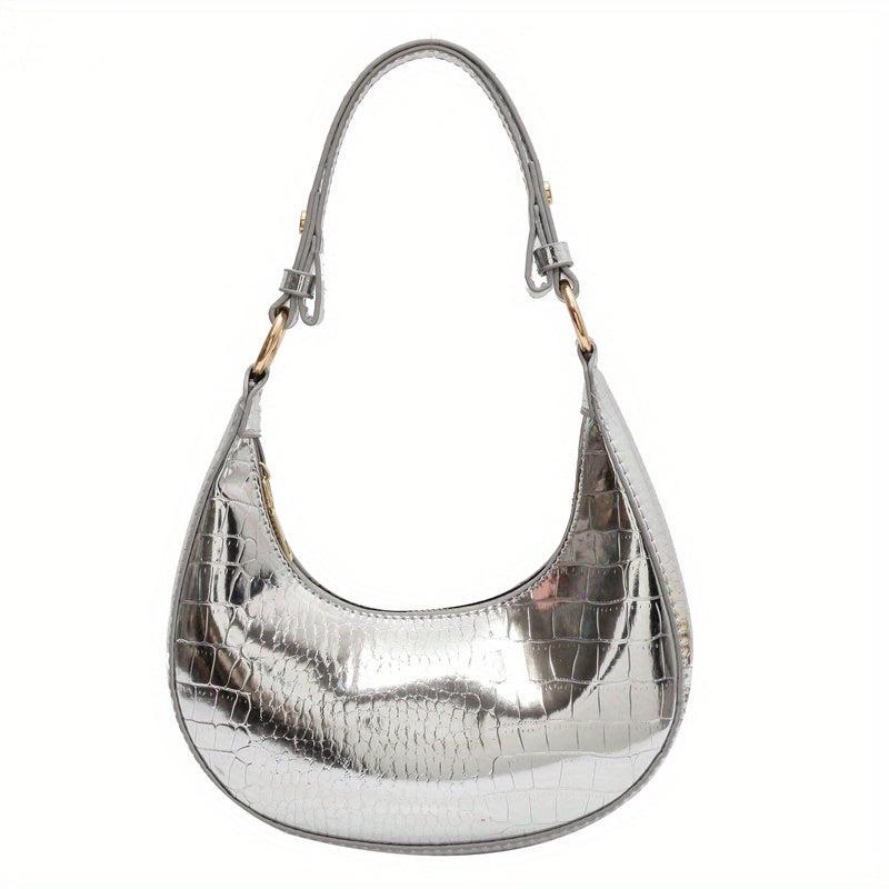 Crocodile Pattern Hobo Bag Metallic Shoulder Bag Crescent Handbag Purse