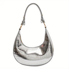 Crocodile Pattern Hobo Bag Metallic Shoulder Bag Crescent Handbag Purse