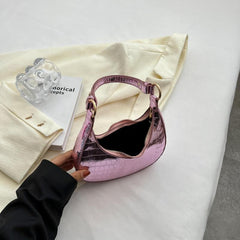 Crocodile Pattern Hobo Bag Metallic Shoulder Bag Crescent Handbag Purse