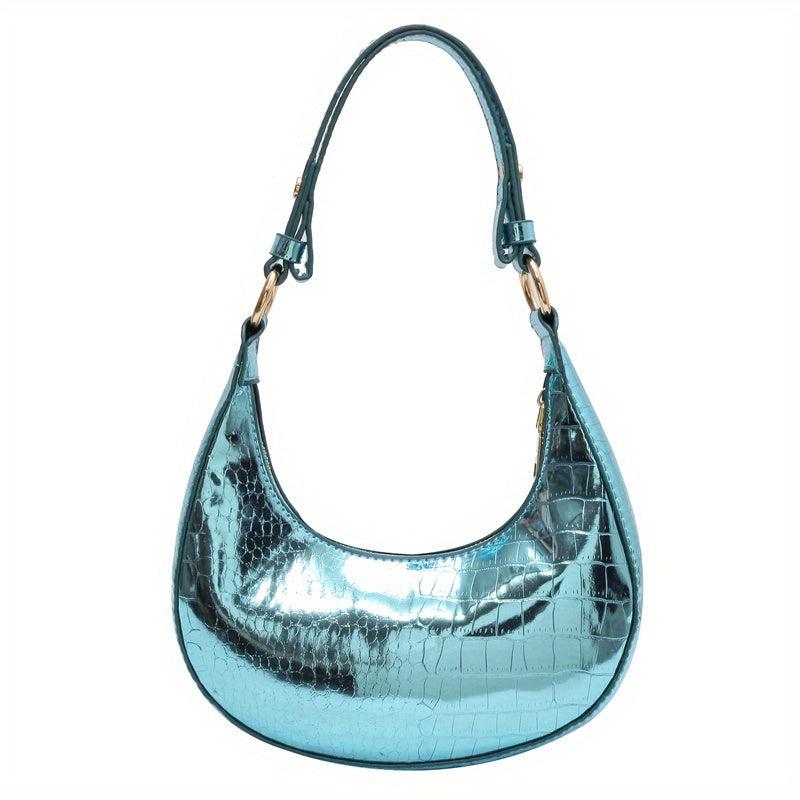 Crocodile Pattern Hobo Bag Metallic Shoulder Bag Crescent Handbag Purse