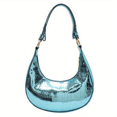 Crocodile Pattern Hobo Bag Metallic Shoulder Bag Crescent Handbag Purse