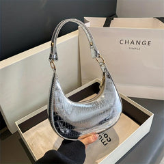 Crocodile Pattern Hobo Bag Metallic Shoulder Bag Crescent Handbag Purse