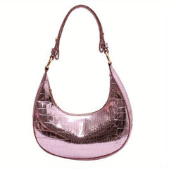 Crocodile Pattern Hobo Bag Metallic Shoulder Bag Crescent Handbag Purse