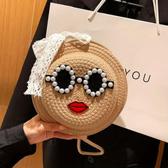 Bead Glasses Decor Straw Bag Minimalist Shoulder Bag