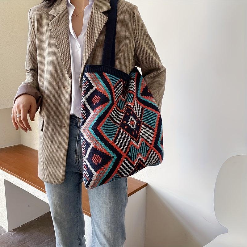 Argyle Pattern Crochet Bag Bohemian Knitted Tote Bag Women's Shoulder Bag