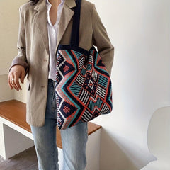 Argyle Pattern Crochet Bag Bohemian Knitted Tote Bag Women's Shoulder Bag
