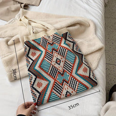 Argyle Pattern Crochet Bag Bohemian Knitted Tote Bag Women's Shoulder Bag