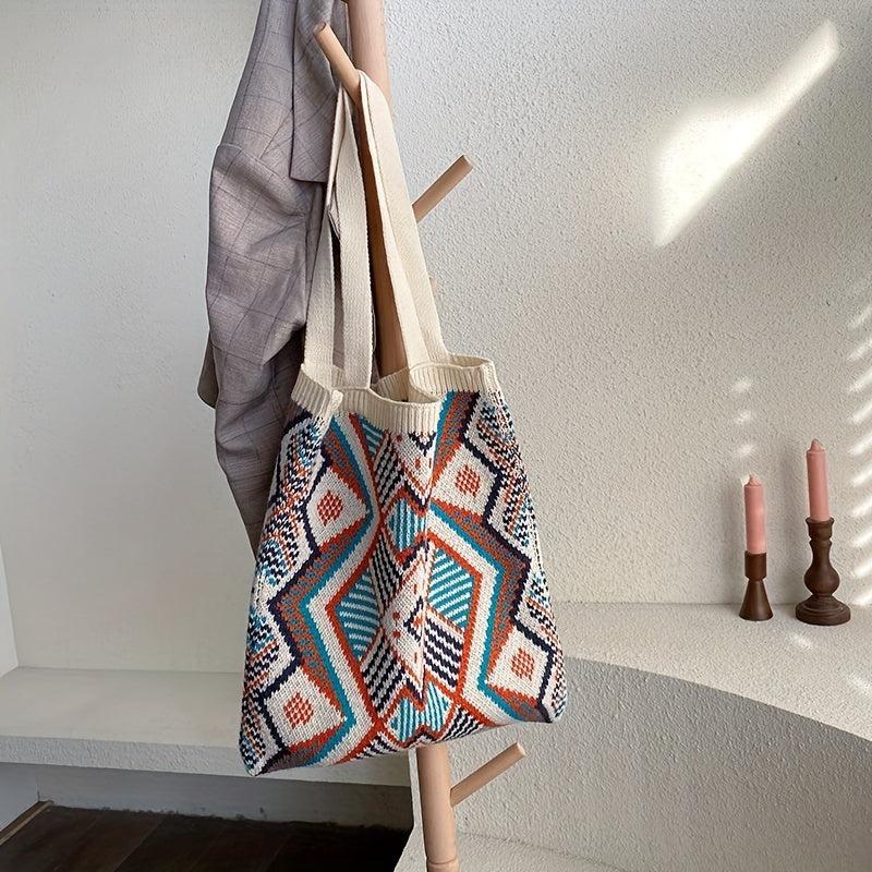 Argyle Pattern Crochet Bag Bohemian Knitted Tote Bag Women's Shoulder Bag