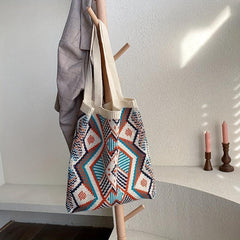 Argyle Pattern Crochet Bag Bohemian Knitted Tote Bag Women's Shoulder Bag