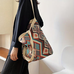 Argyle Pattern Crochet Bag Bohemian Knitted Tote Bag Women's Shoulder Bag
