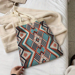 Argyle Pattern Crochet Bag Bohemian Knitted Tote Bag Women's Shoulder Bag