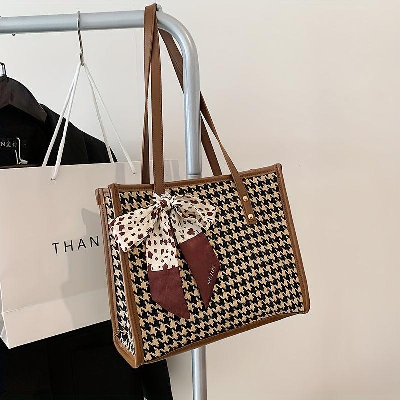 Houndstooth Pattern Tote Bag Twilly Scarf Decor Tweed Handbag