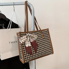 Houndstooth Pattern Tote Bag Twilly Scarf Decor Tweed Handbag