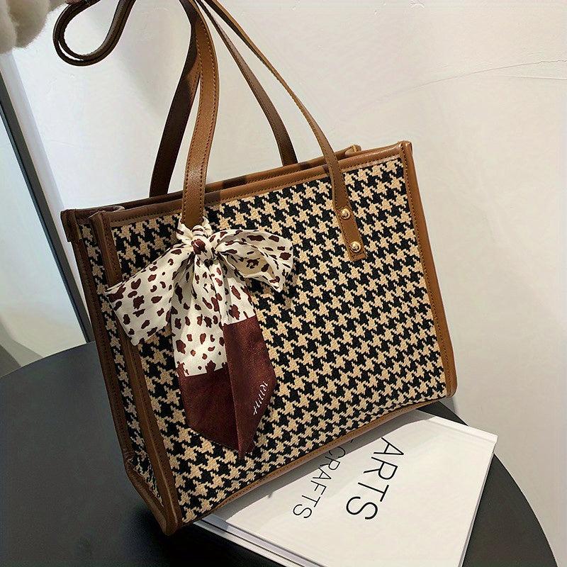 Houndstooth Pattern Tote Bag Twilly Scarf Decor Tweed Handbag