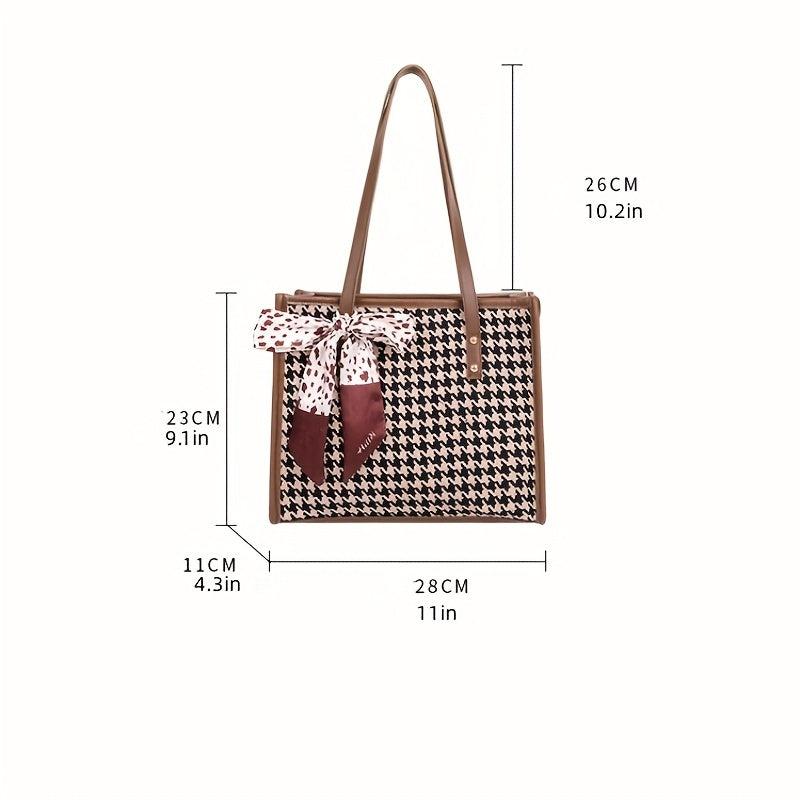 Houndstooth Pattern Tote Bag Twilly Scarf Decor Tweed Handbag