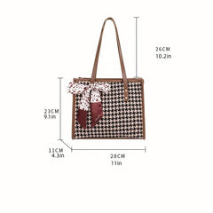 Houndstooth Pattern Tote Bag Twilly Scarf Decor Tweed Handbag