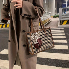 Houndstooth Pattern Tote Bag Twilly Scarf Decor Tweed Handbag