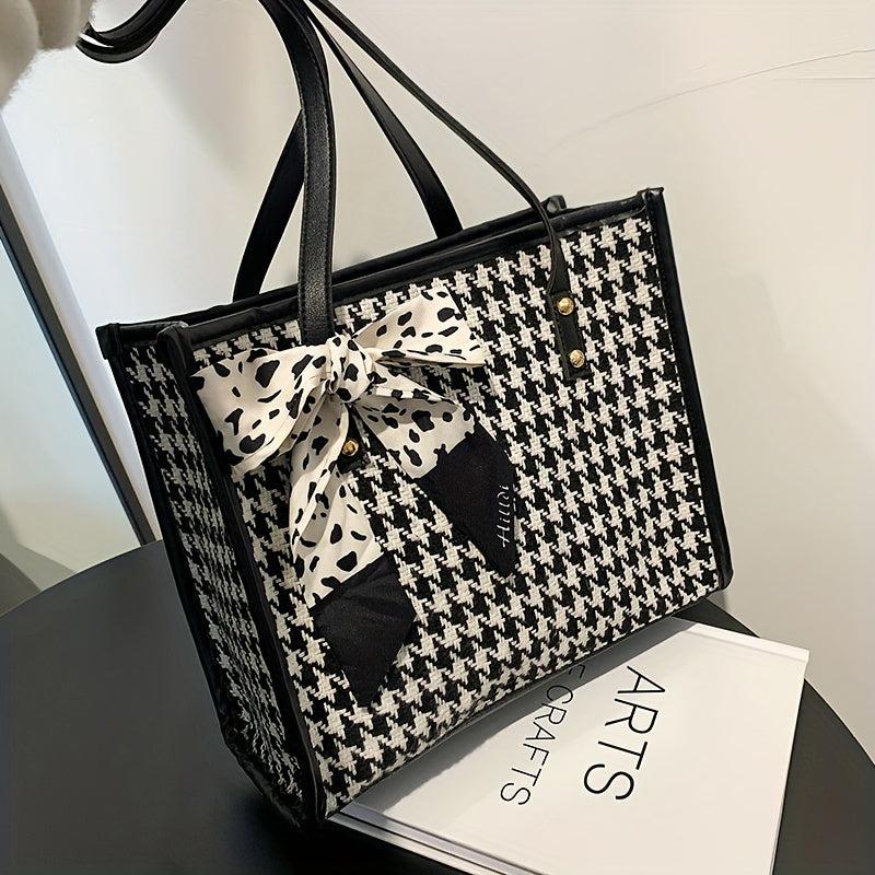 Houndstooth Pattern Tote Bag Twilly Scarf Decor Tweed Handbag
