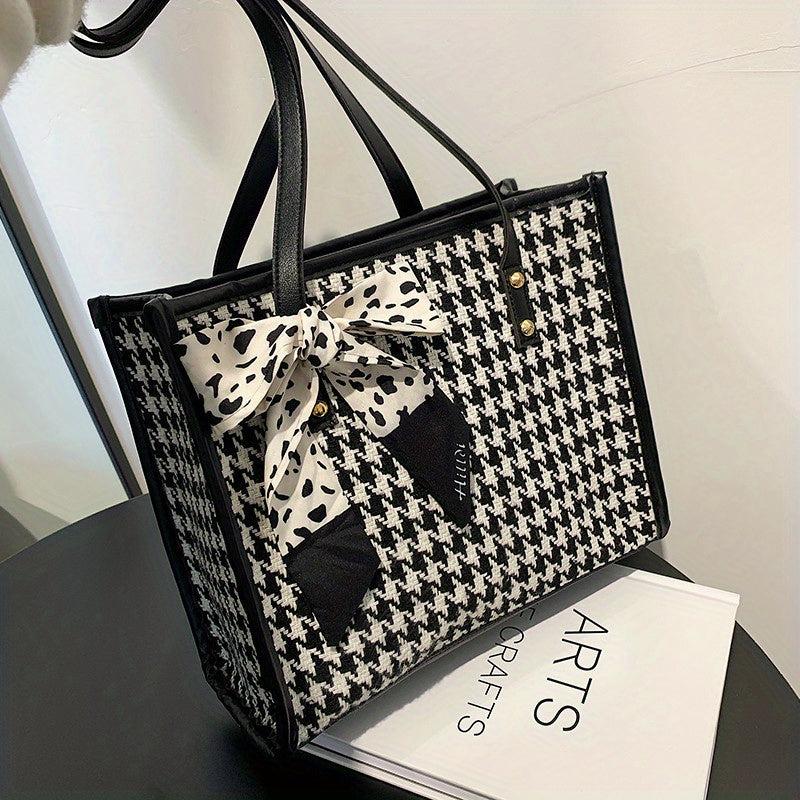 Houndstooth Pattern Tote Bag Twilly Scarf Decor Tweed Handbag