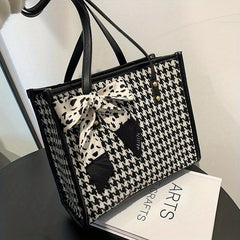 Houndstooth Pattern Tote Bag Twilly Scarf Decor Tweed Handbag
