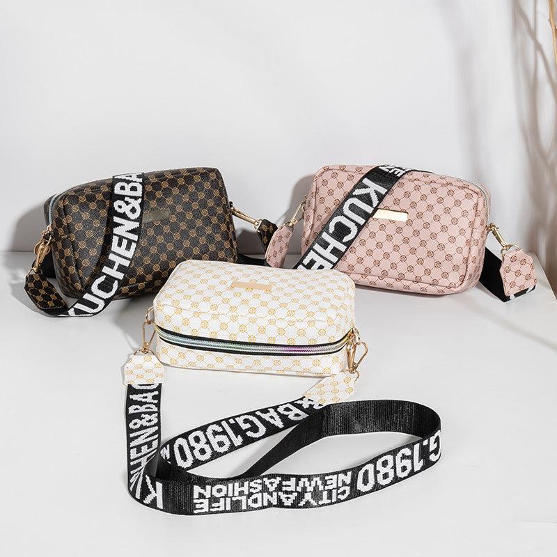 Geo Print Crossbody Bag Mini PU Leather Square Purse Women's Wide Strap Shoulder