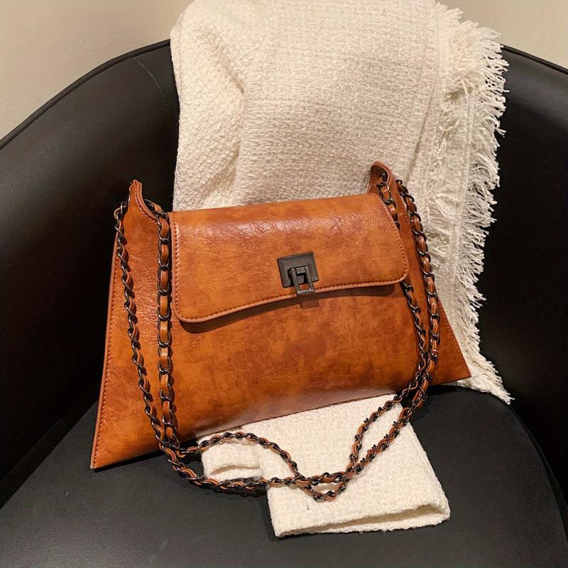 Vintage Metal Chain Underarm Bag PU Leather Textured Bag Purse