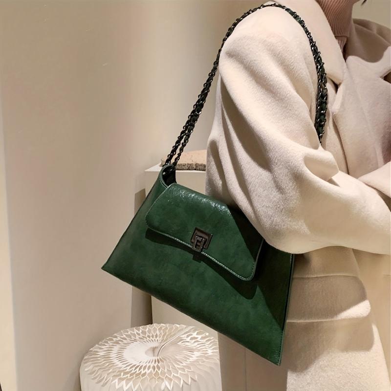 Vintage Metal Chain Underarm Bag PU Leather Textured Bag Purse