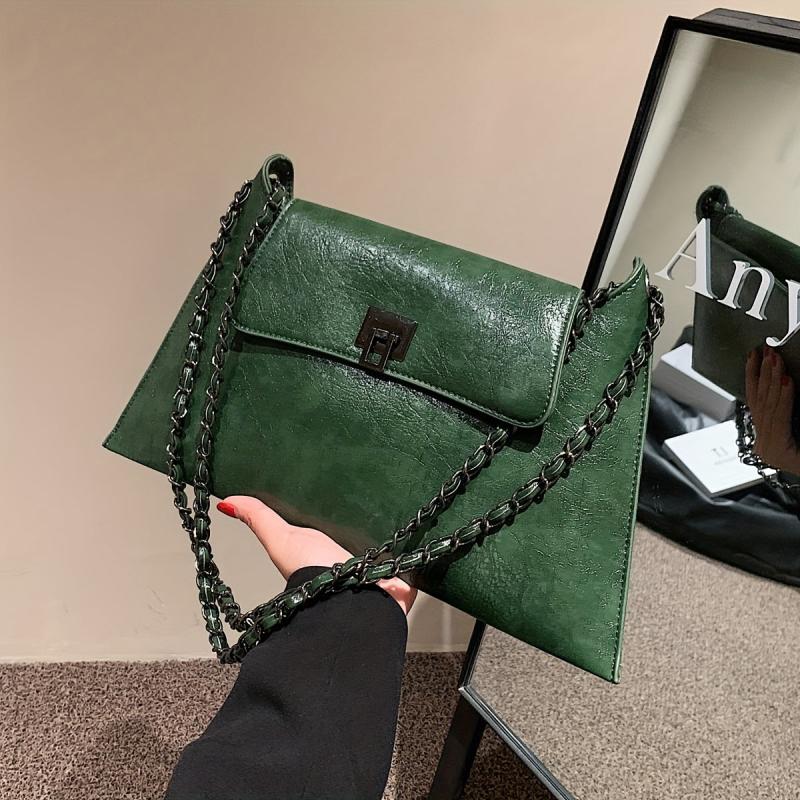 Vintage Metal Chain Underarm Bag PU Leather Textured Bag Purse