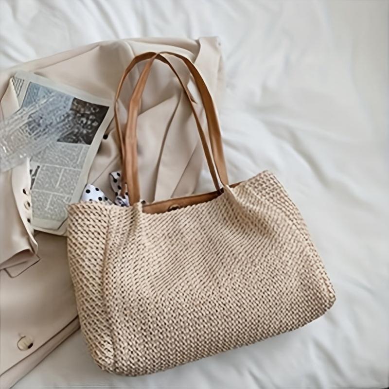 Large Capacity Straw Tote Bag Solid Woven Shoulder Bag Storage Handbag