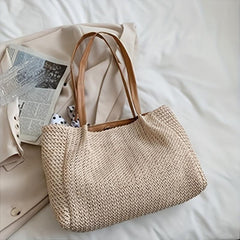 Large Capacity Straw Tote Bag Solid Woven Shoulder Bag Storage Handbag