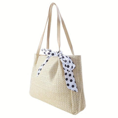 Large Capacity Straw Tote Bag Solid Woven Shoulder Bag Storage Handbag