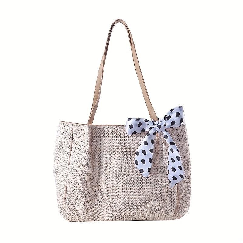 Large Capacity Straw Tote Bag Solid Woven Shoulder Bag Storage Handbag