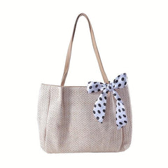 Large Capacity Straw Tote Bag Solid Woven Shoulder Bag Storage Handbag