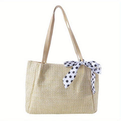 Large Capacity Straw Tote Bag Solid Woven Shoulder Bag Storage Handbag