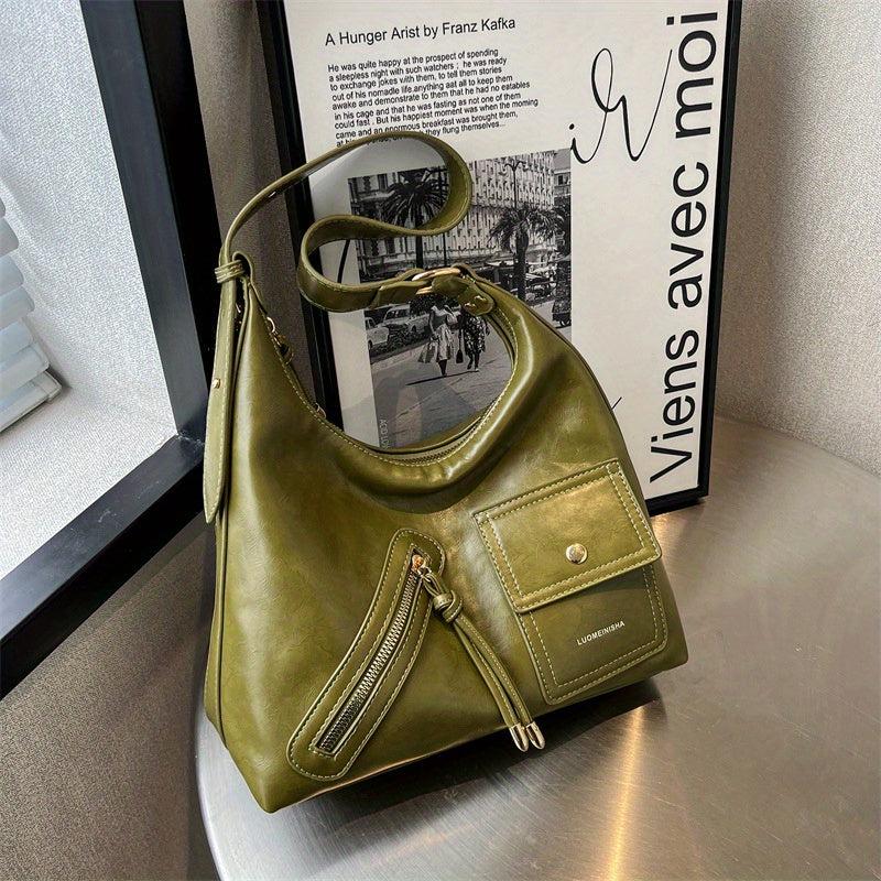 Y2K PU Leather Hobo Bag Zipper Decor Street Wear Shoulder Bag