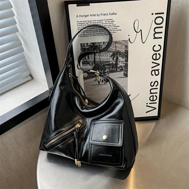 Y2K PU Leather Hobo Bag Zipper Decor Street Wear Shoulder Bag