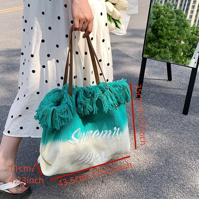 Gradient Tassel Canvas Tote Bag Lightweight Shoulder Hobo Bag