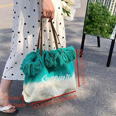 Gradient Tassel Canvas Tote Bag Lightweight Shoulder Hobo Bag