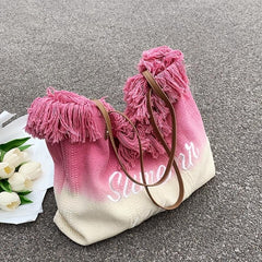 Gradient Tassel Canvas Tote Bag Lightweight Shoulder Hobo Bag