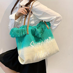 Gradient Tassel Canvas Tote Bag Lightweight Shoulder Hobo Bag