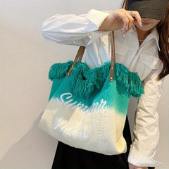 Gradient Tassel Canvas Tote Bag Lightweight Shoulder Hobo Bag